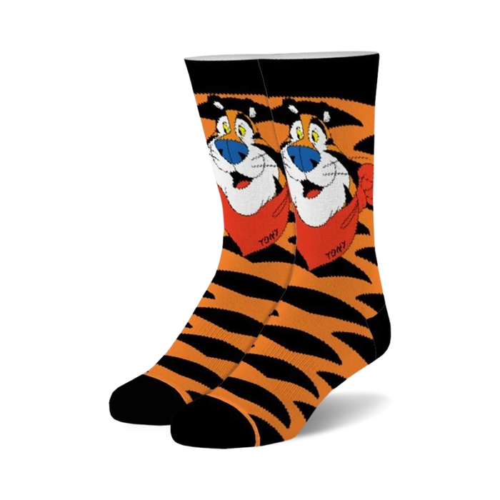 fuzzy black crew socks with an all-over pattern of tony the tiger, the frosted flakes mascot, for men and women.  
