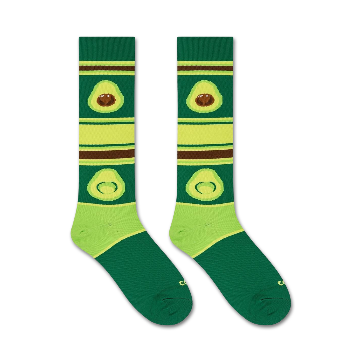Flat lay product shot of a pair of avocado socks.
