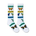 Close-up shot of a pair of knee-high socks showcasing the butterfly and stripe details.