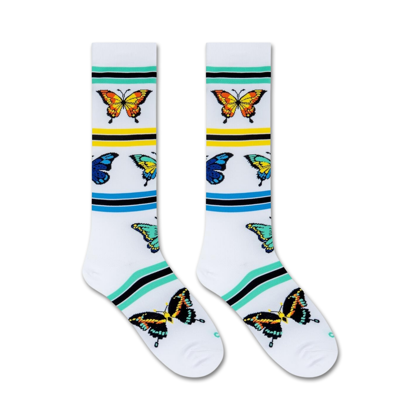 Close-up shot of a pair of knee-high socks showcasing the butterfly and stripe details.