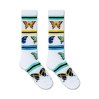 Close-up shot of a pair of knee-high socks showcasing the butterfly and stripe details.