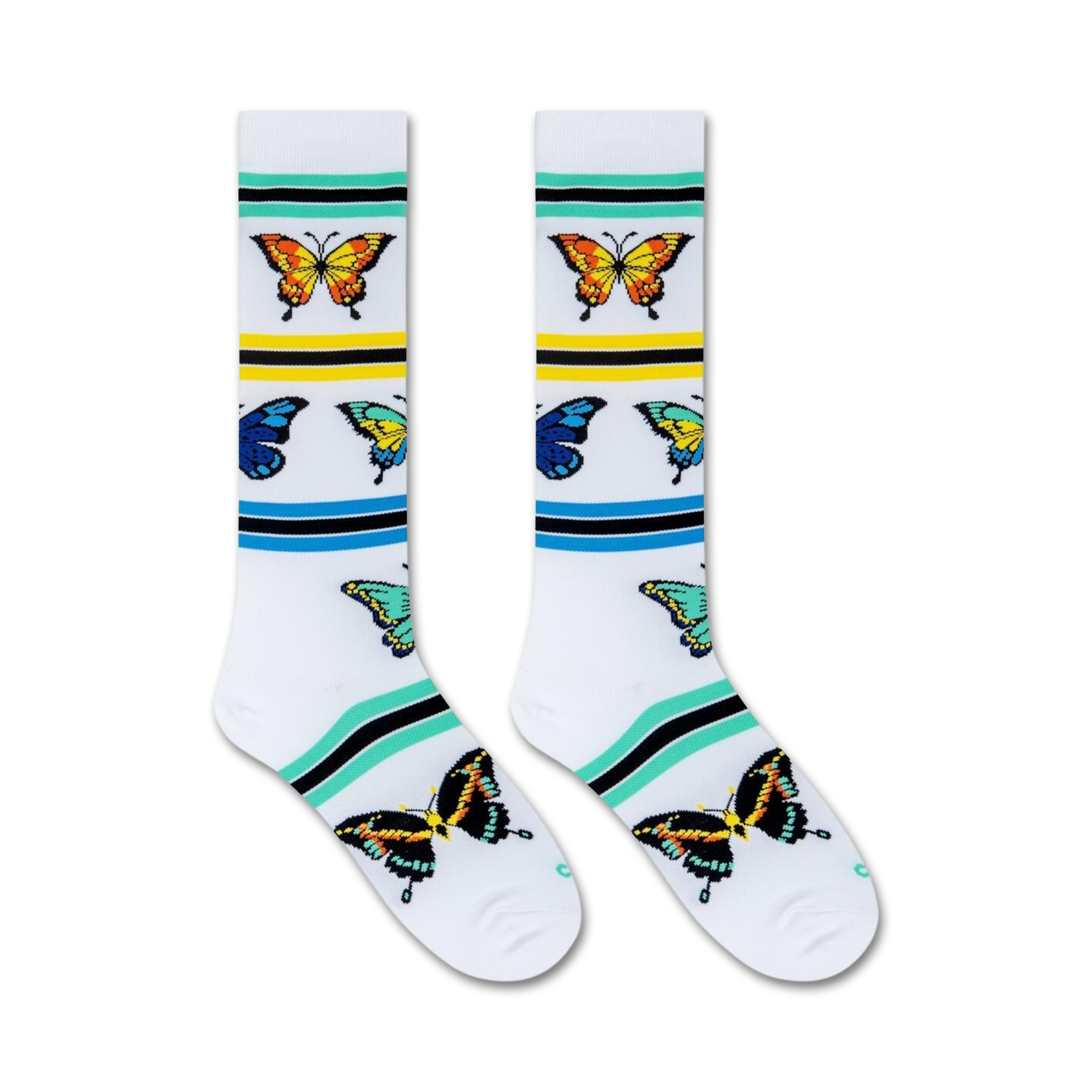 Close-up shot of a pair of knee-high socks showcasing the butterfly and stripe details.