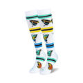 Pair of women's knee-high socks in white with colorful butterflies and teal, yellow, and black stripes.
