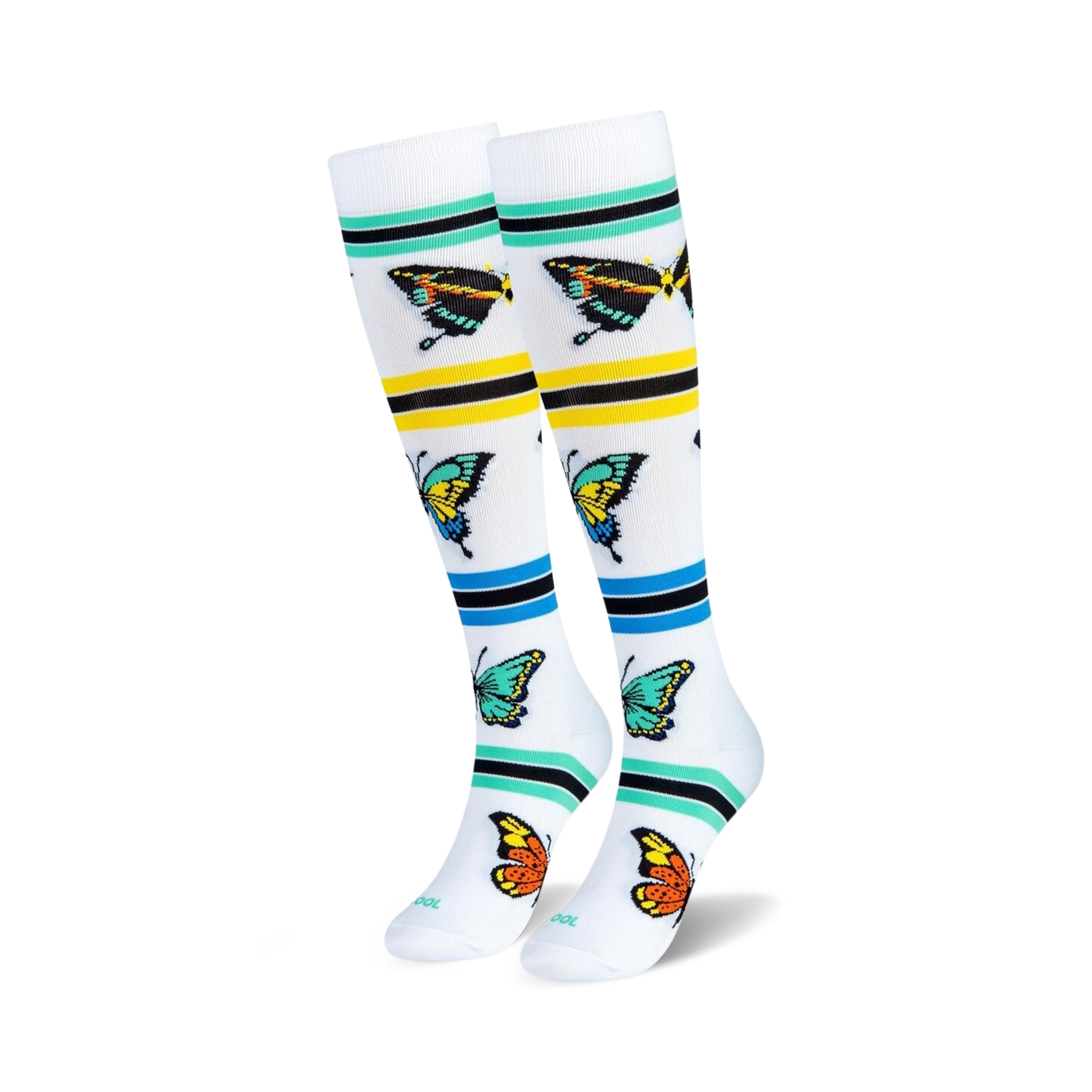 Pair of women's knee-high socks in white with colorful butterflies and teal, yellow, and black stripes.