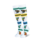 Pair of women's knee-high socks in white with colorful butterflies and teal, yellow, and black stripes.