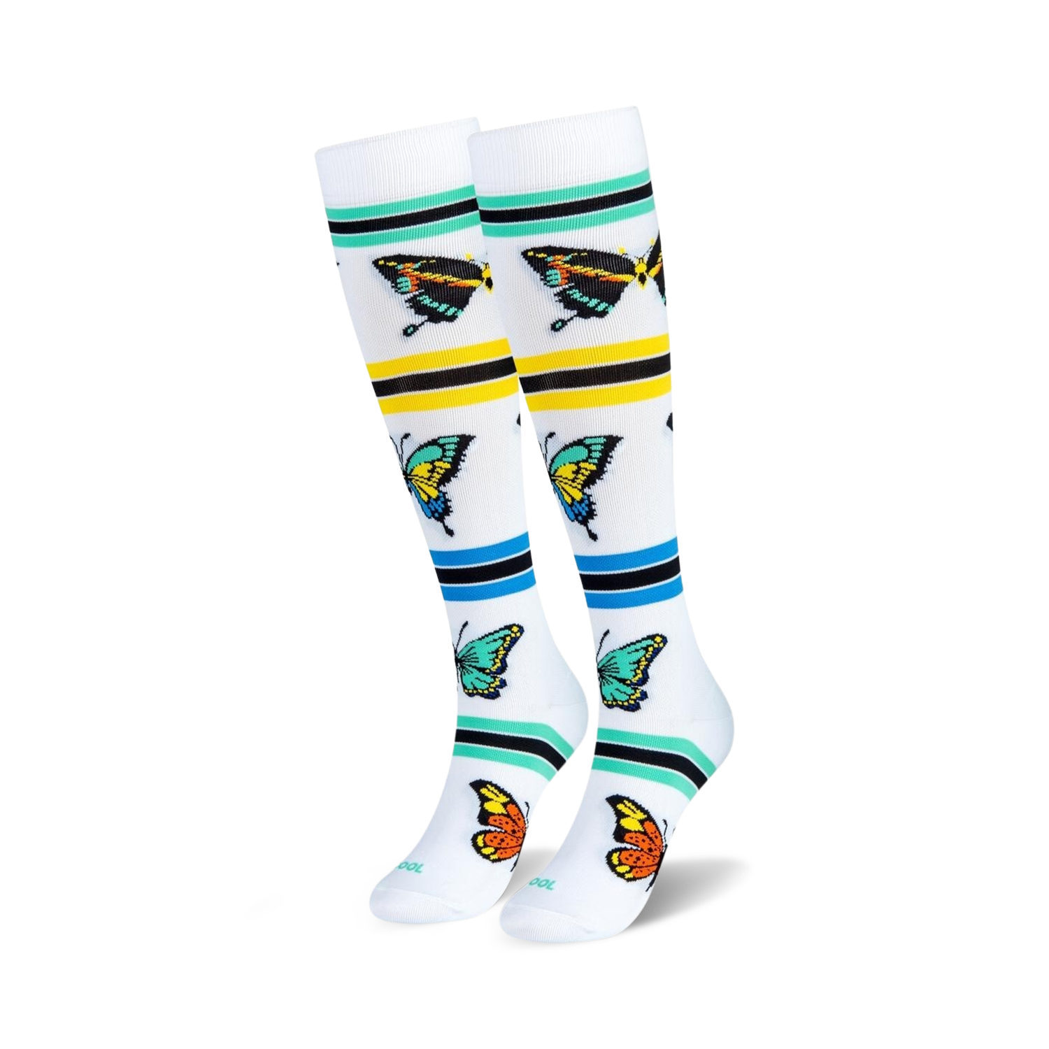 Pair of women's knee-high socks in white with colorful butterflies and teal, yellow, and black stripes.