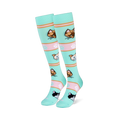 Mint green tall socks on foot models showing orange, brown, and tuxedo cat faces with pink striped bands and paw prints.