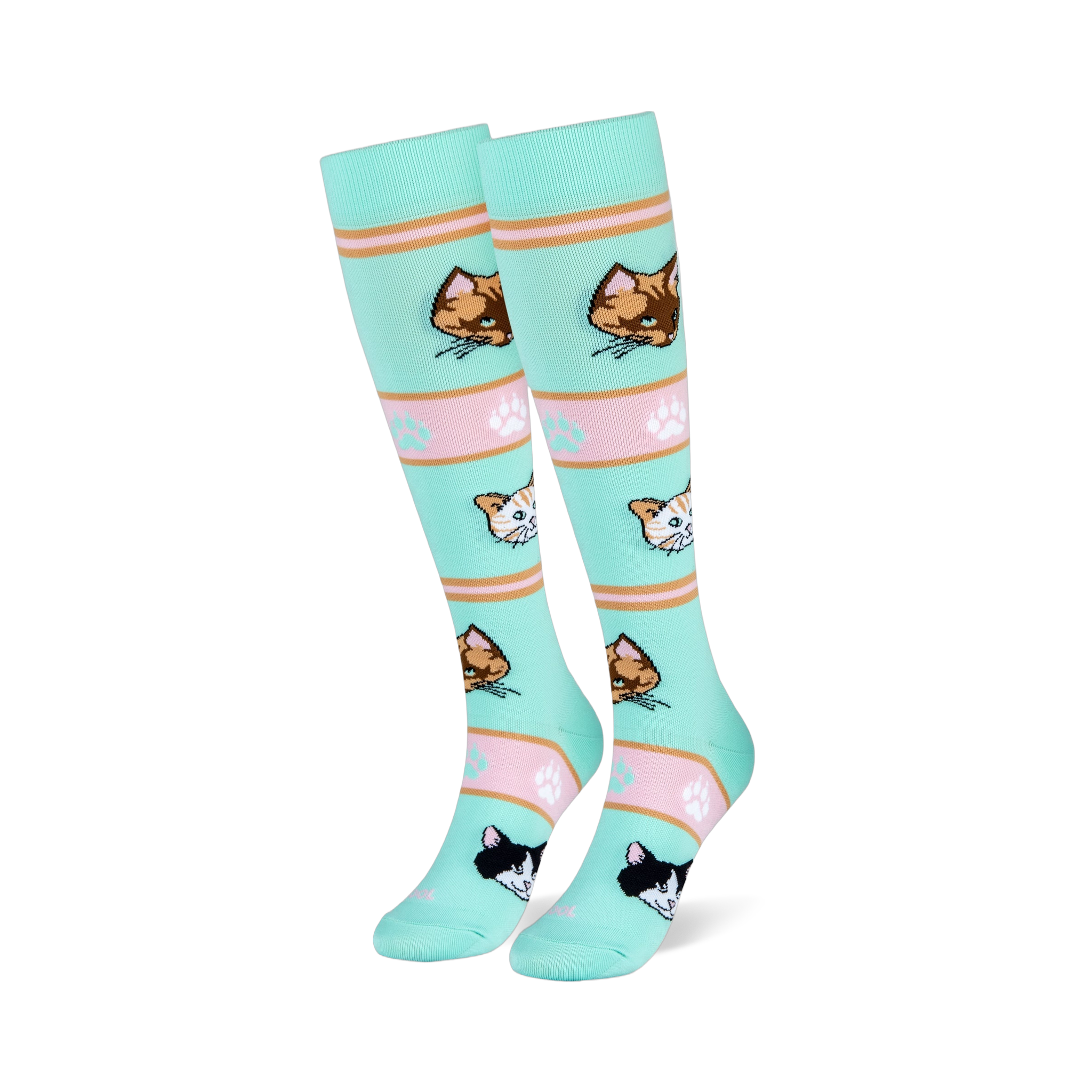 Mint green tall socks on foot models showing orange, brown, and tuxedo cat faces with pink striped bands and paw prints.