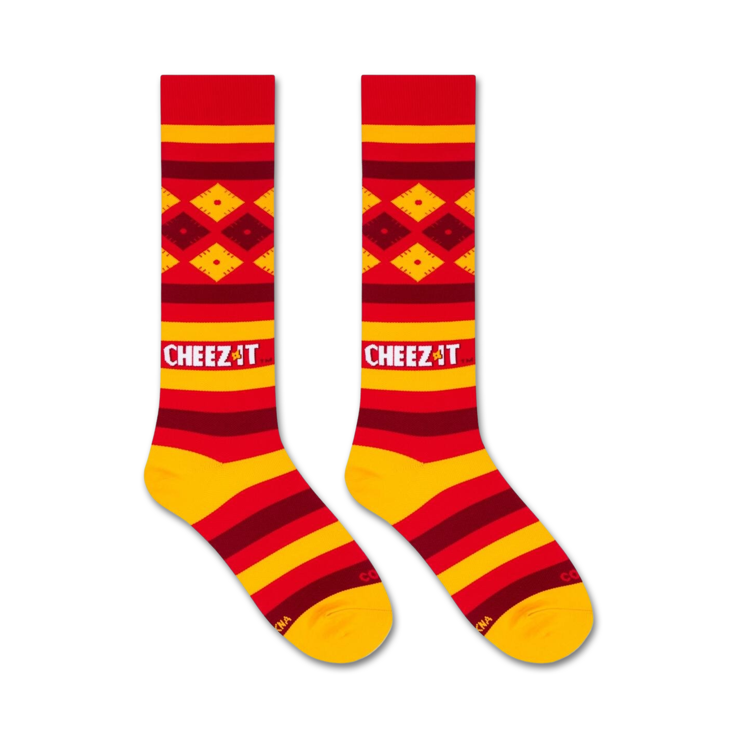 Flatlay product shot of two Cheez-It-themed knee-high socks.