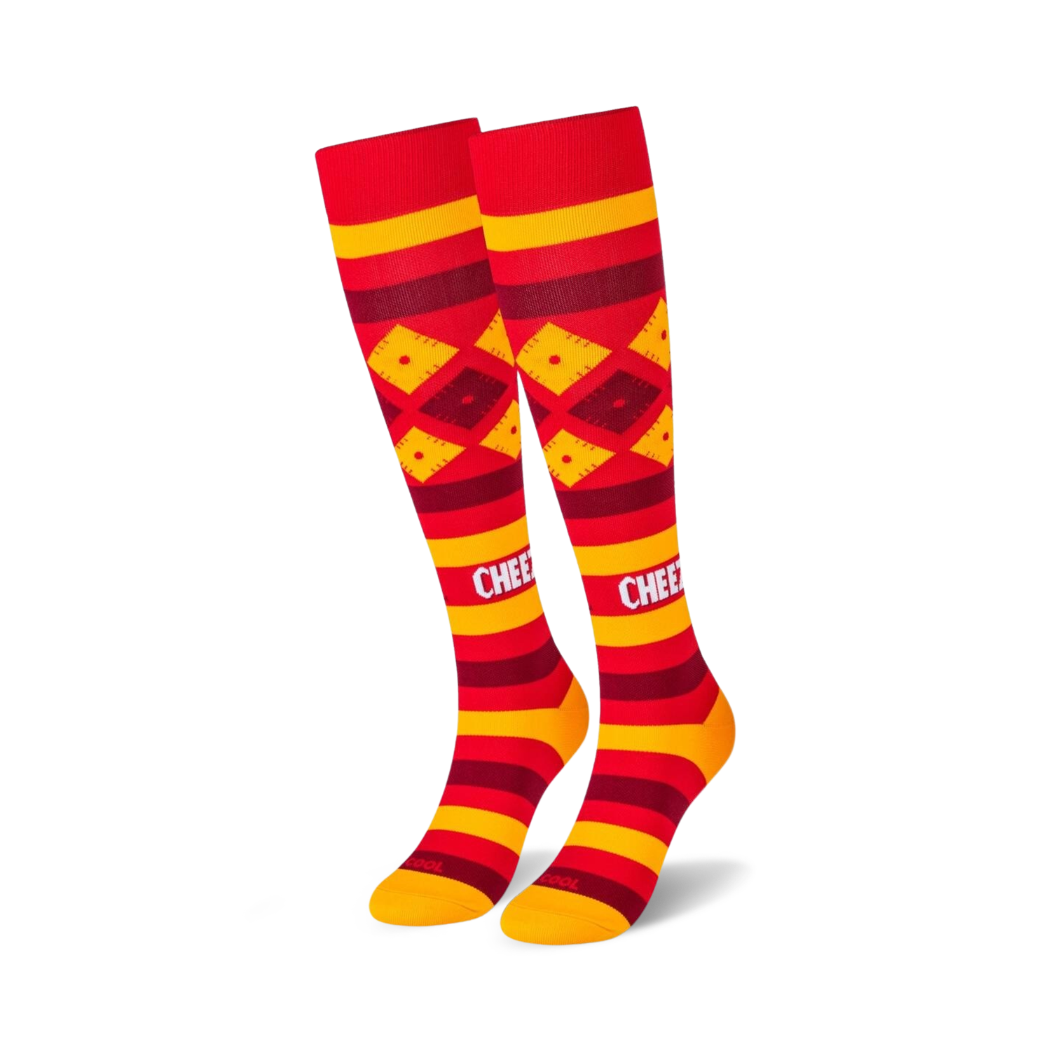 Close-up of the Cheez-It logo and design on the knee-high socks.