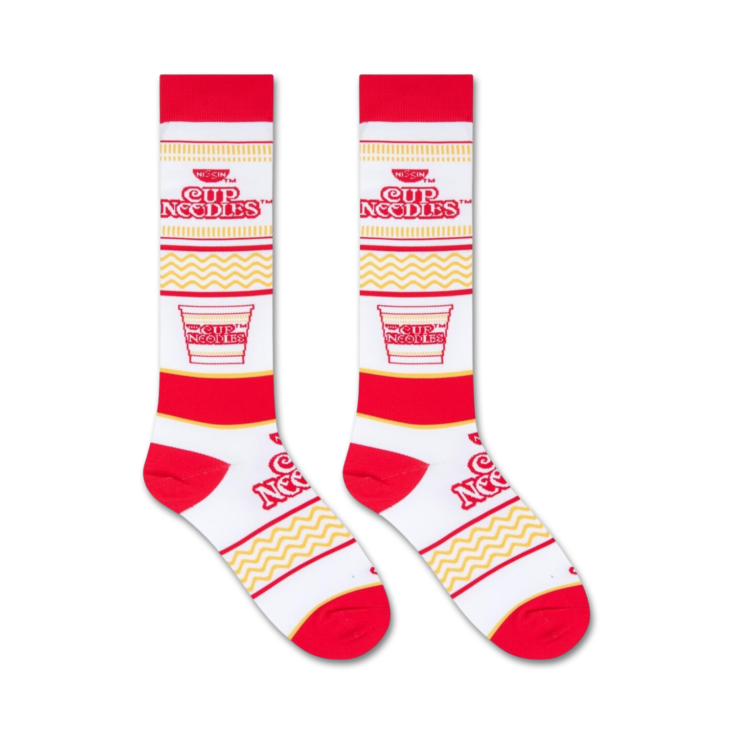 Product shot of two Cup Noodles socks against a white background.