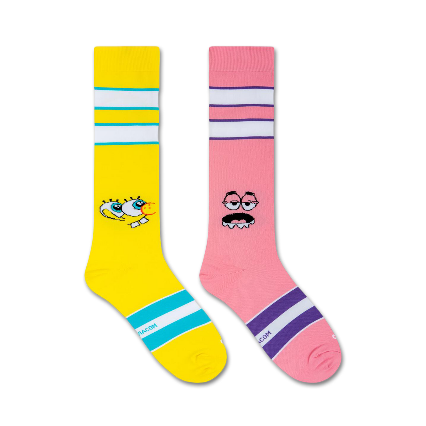 Flatlay product shot showing a pair of Spongebob Friendly Faces knee-high socks; one yellow, one pink.