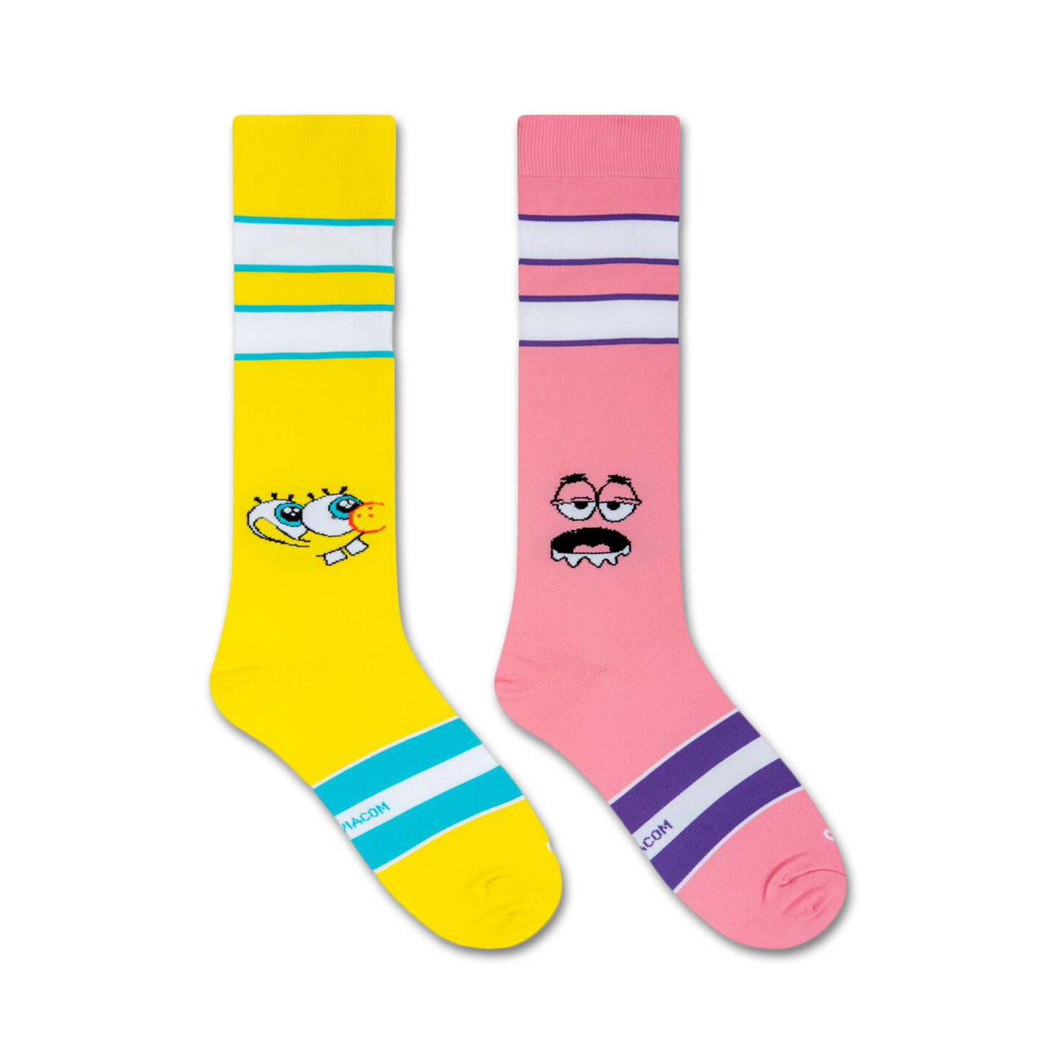 Flatlay product shot showing a pair of Spongebob Friendly Faces knee-high socks; one yellow, one pink.