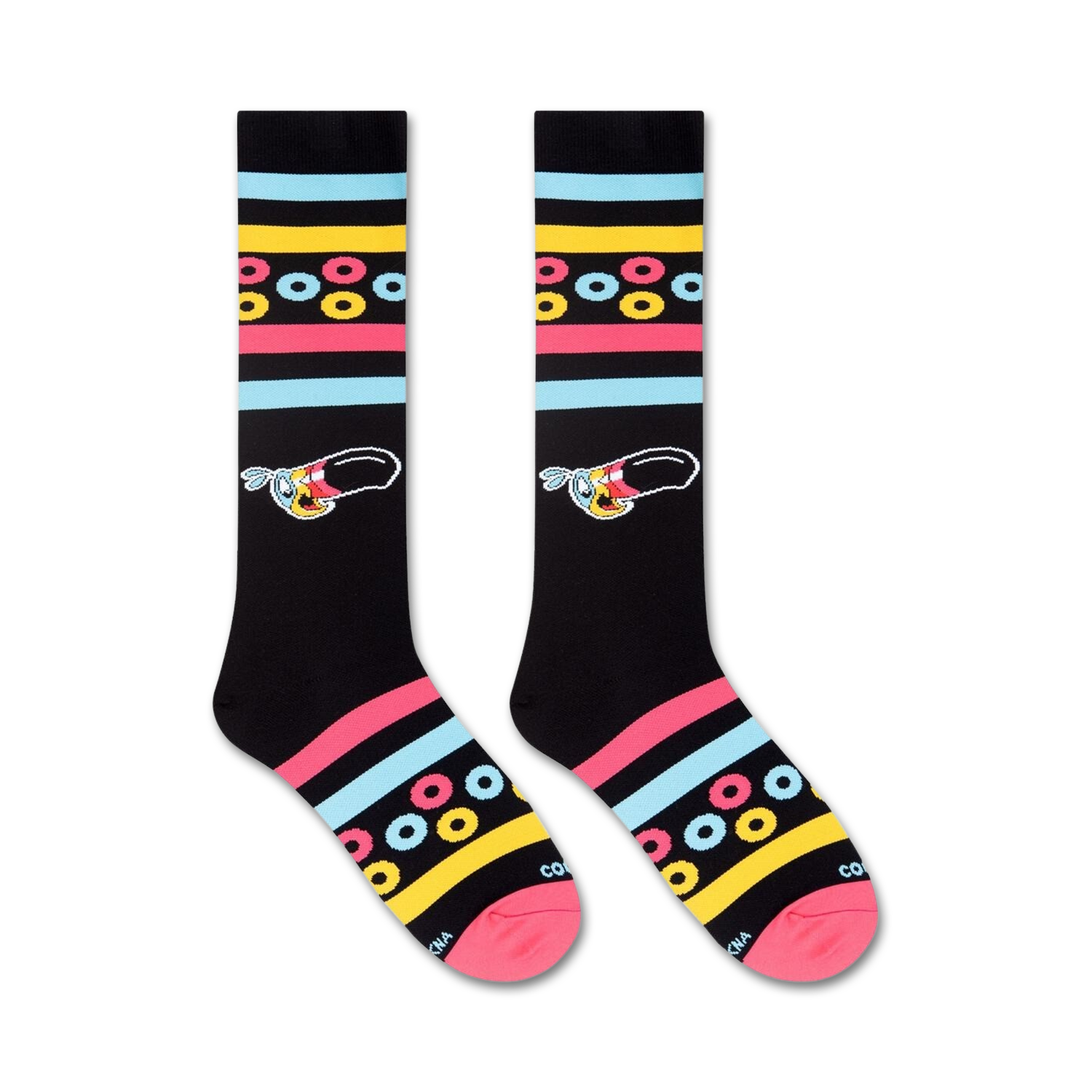 Another flatlay image of the Froot Loops socks, highlighting the design details.