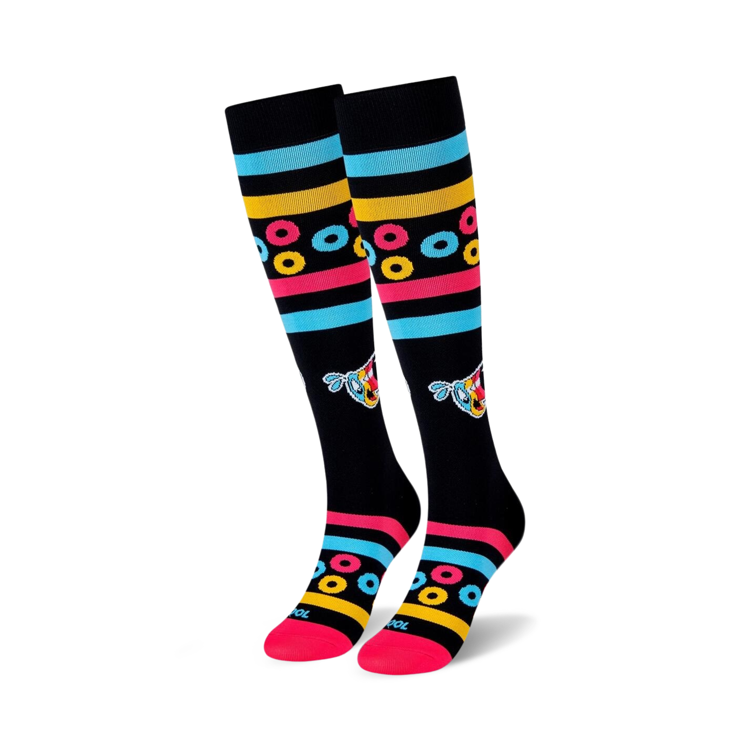 Lifestyle shot of the Froot Loops socks on a person's legs, showing how they look when worn.