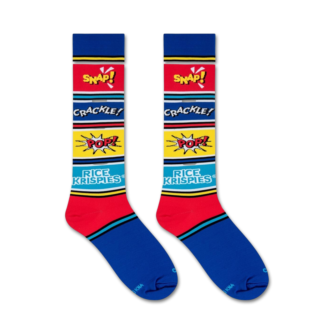 Close-up detail shot of the Rice Krispies sock design.