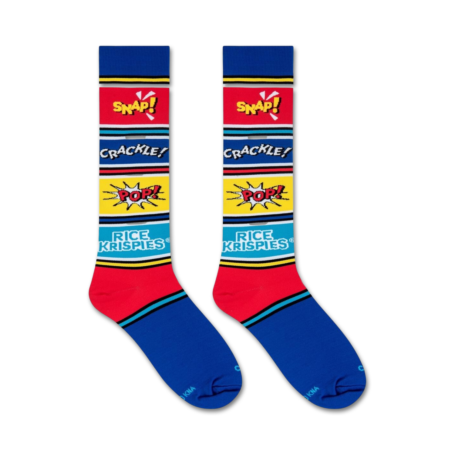Close-up detail shot of the Rice Krispies sock design.