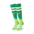Product shot of Mountain Dew knee-high socks displayed in a box.