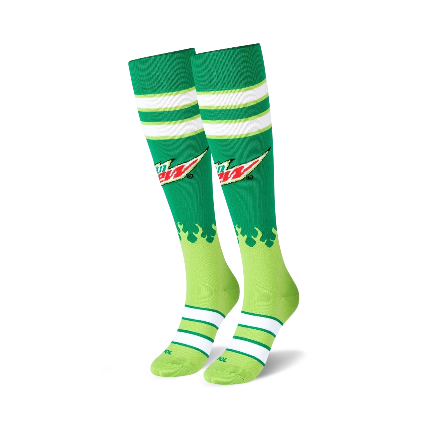 Product shot of Mountain Dew knee-high socks displayed in a box.