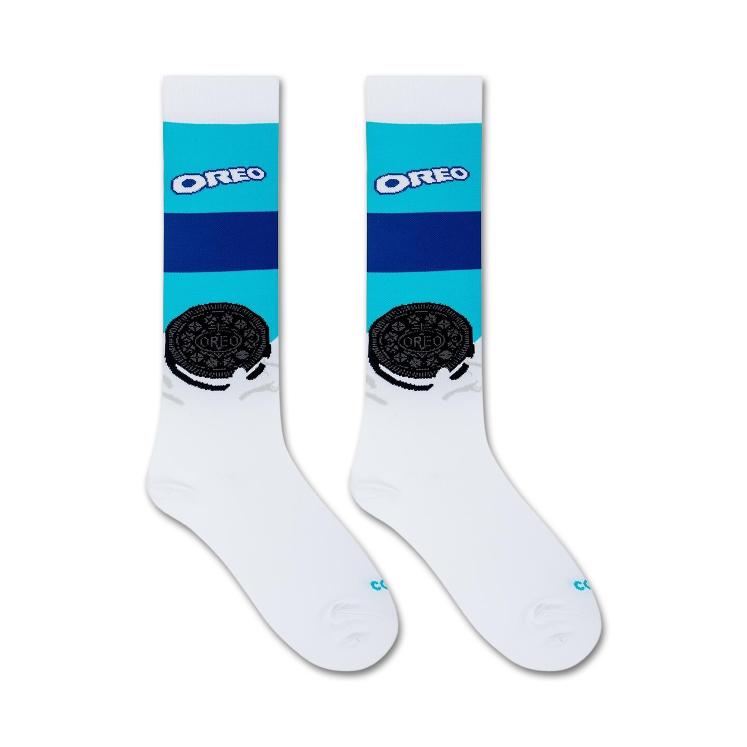 Flatlay product shot of a pair of Oreo compression socks on a white background.