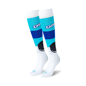 white knee-high socks with blue stripes and oreo cookie graphic on the front. for men and women.    