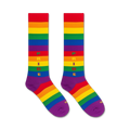 Flat lay image of a pair of rainbow pride knee-high socks.