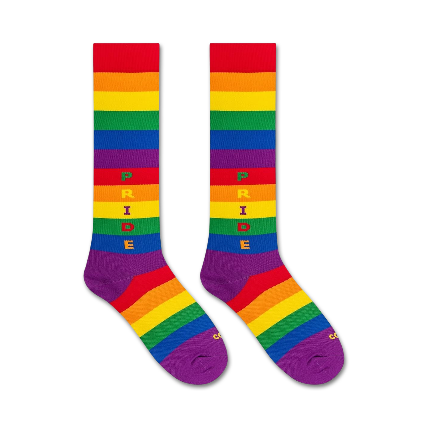 Flat lay image of a pair of rainbow pride knee-high socks.