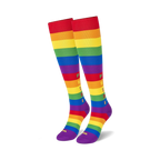 Close-up detail shot of the rainbow stripes and 'PRIDE' lettering on the knee-high socks.