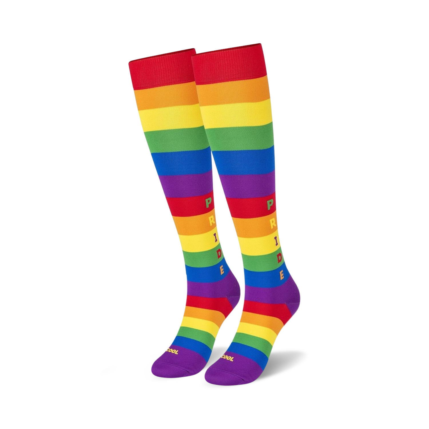 Close-up detail shot of the rainbow stripes and 'PRIDE' lettering on the knee-high socks.