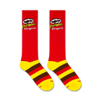 Flat lay of two Pringles-themed knee-high socks on a white background.