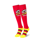 Close-up shot of the Pringles logo on a red knee-high sock.
