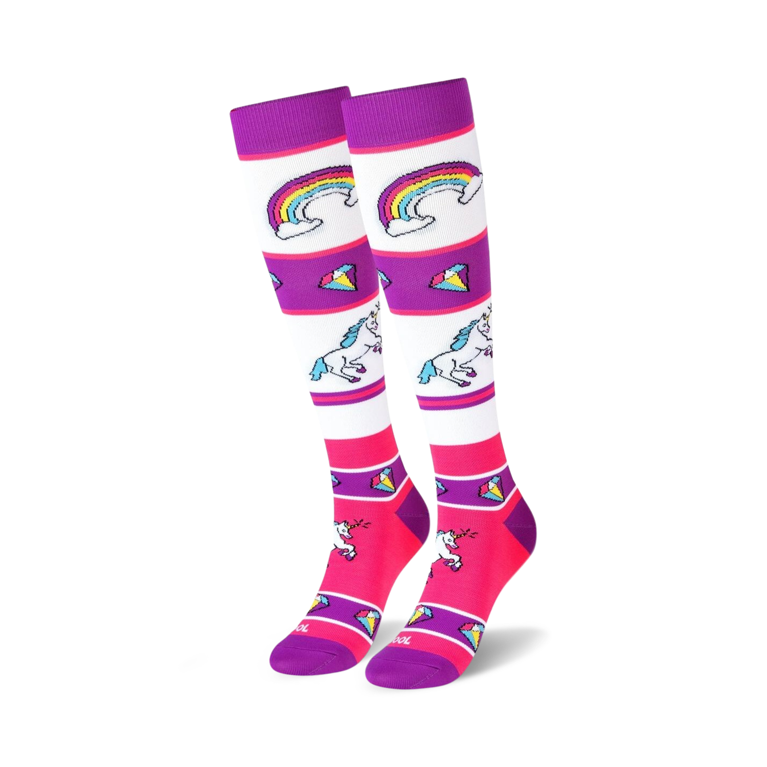 Pair of knee-high socks with white, purple, and pink stripes. Design includes unicorns, rainbows, and colorful gems.