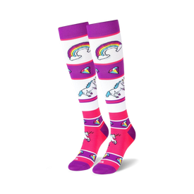 knee-high white socks with pink, purple, and yellow unicorns, rainbows, and diamonds.   