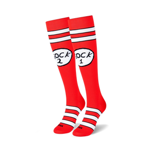 dr seuss sock 1 sock 2, knee high socks, red with white stripes and circle with numbers 1 and 2. for men and women.  
