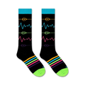 Close-up view of Pulse socks, showcasing the vibrant heart monitor and stripe details.