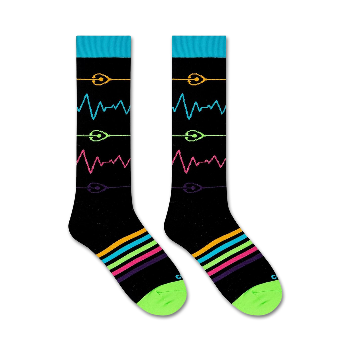 Close-up view of Pulse socks, showcasing the vibrant heart monitor and stripe details.