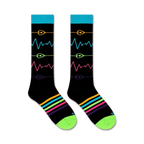 Close-up view of Pulse socks, showcasing the vibrant heart monitor and stripe details.