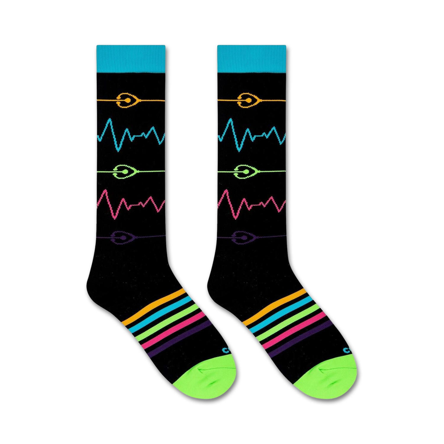 Close-up view of Pulse socks, showcasing the vibrant heart monitor and stripe details.