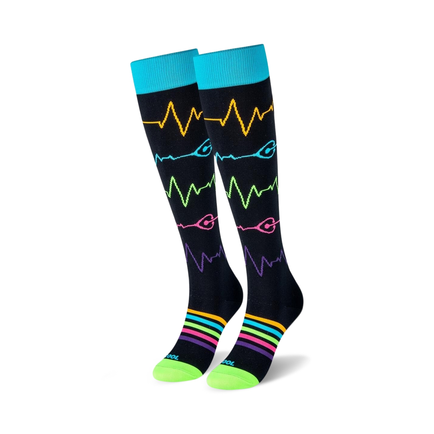 Pair of black knee-high socks with colorful heart rate monitor and rainbow stripe designs.  Teal cuffs and lime green soles.