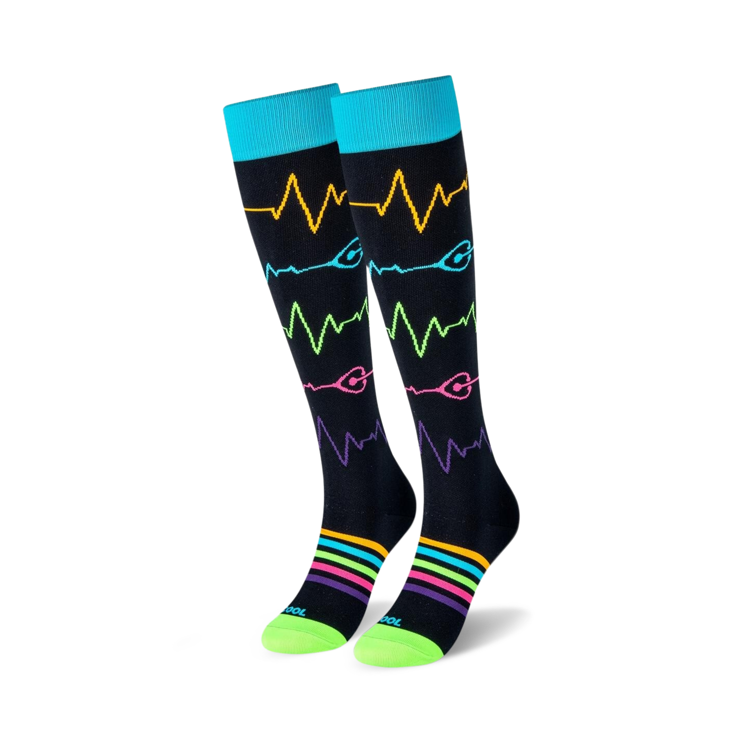Pair of black knee-high socks with colorful heart rate monitor and rainbow stripe designs.  Teal cuffs and lime green soles.