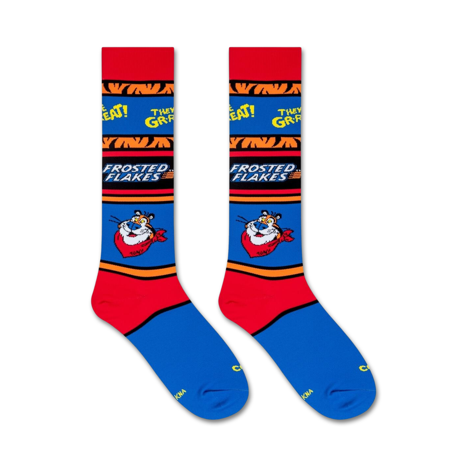 Flat lay product shot of Frosted Flakes Tony the Tiger socks; showcasing the design details.