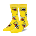 A pair of bright yellow crew socks with a repeating pattern of shocked Spongebob Squarepants. 