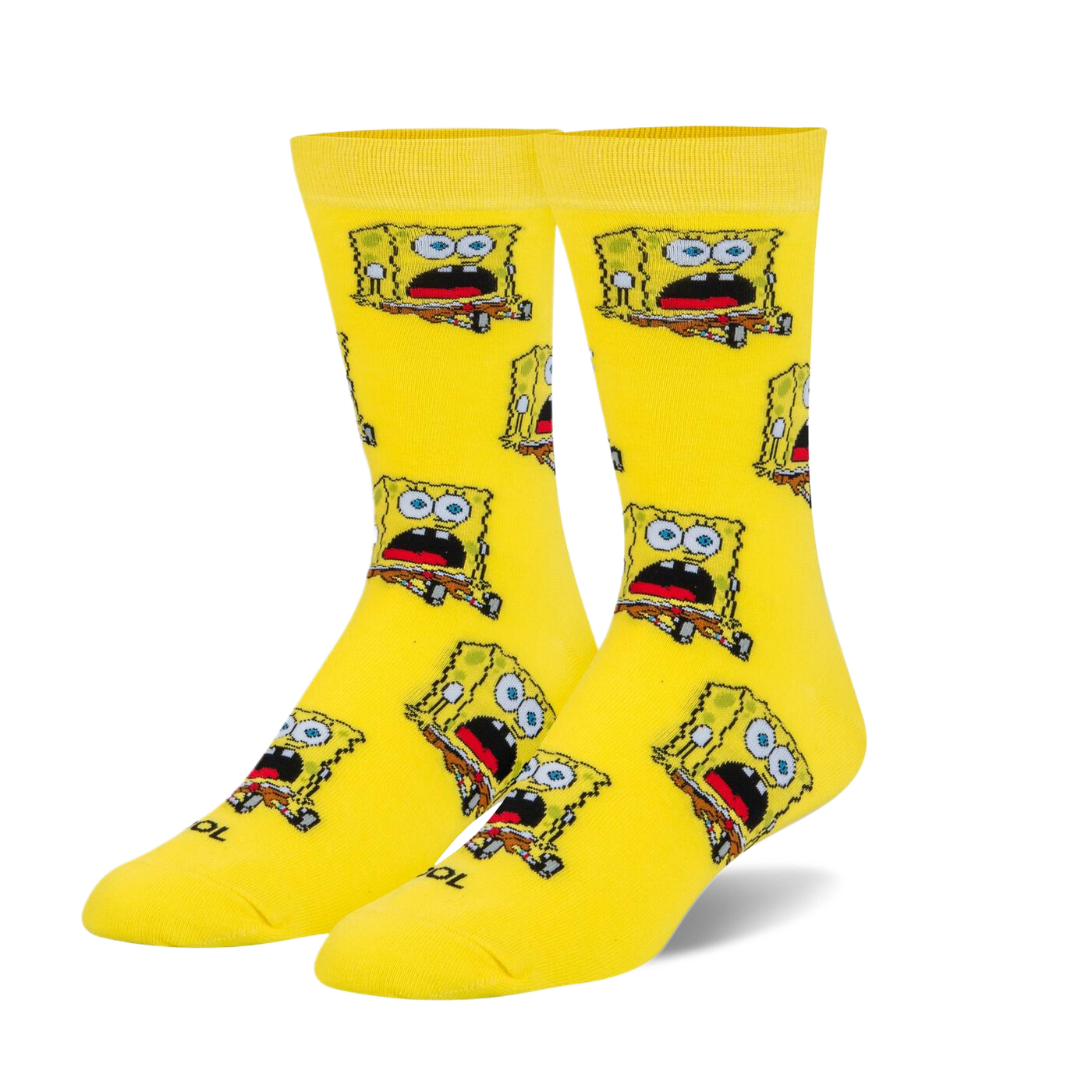 A pair of bright yellow crew socks with a repeating pattern of shocked Spongebob Squarepants. 