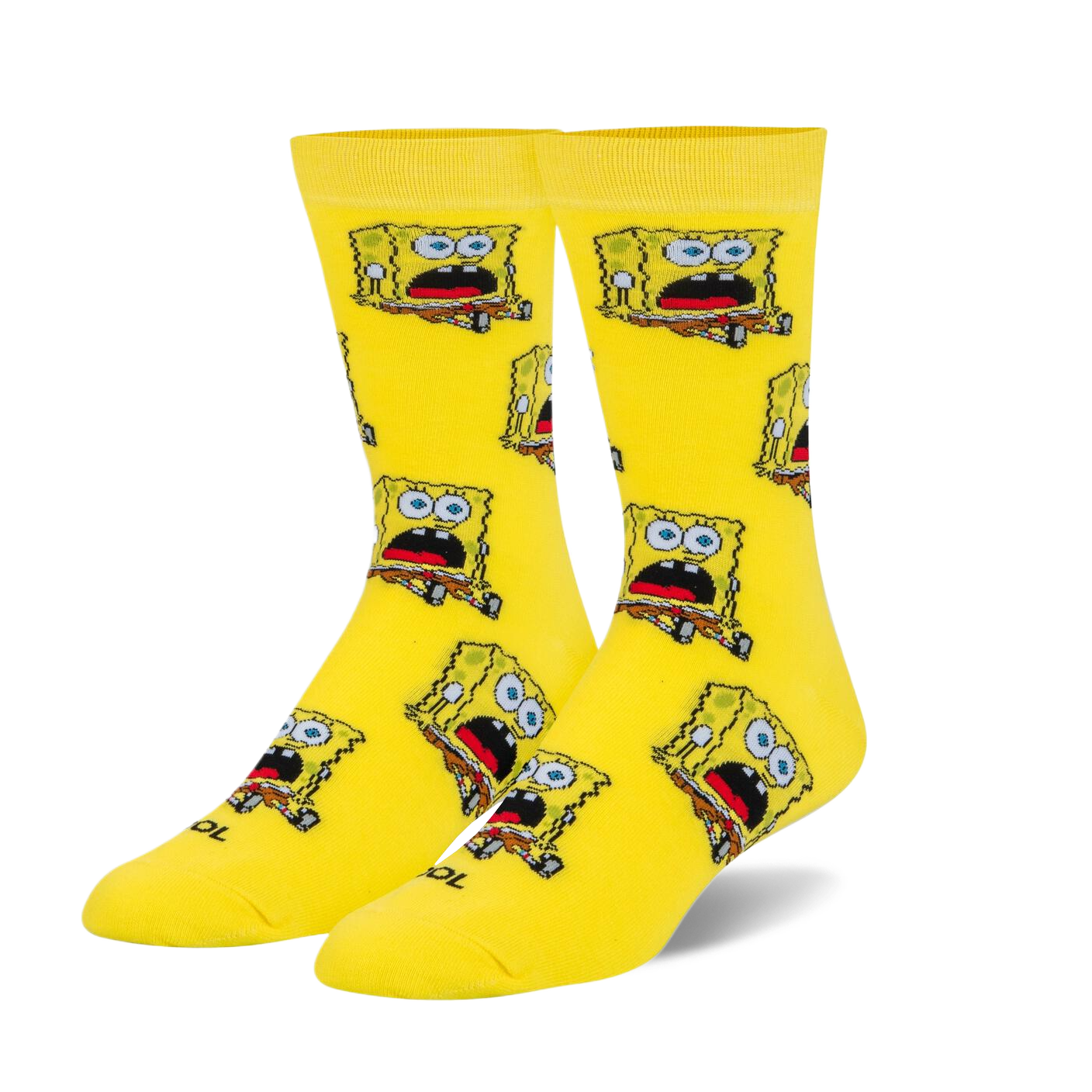 A pair of bright yellow crew socks with a repeating pattern of shocked Spongebob Squarepants. 