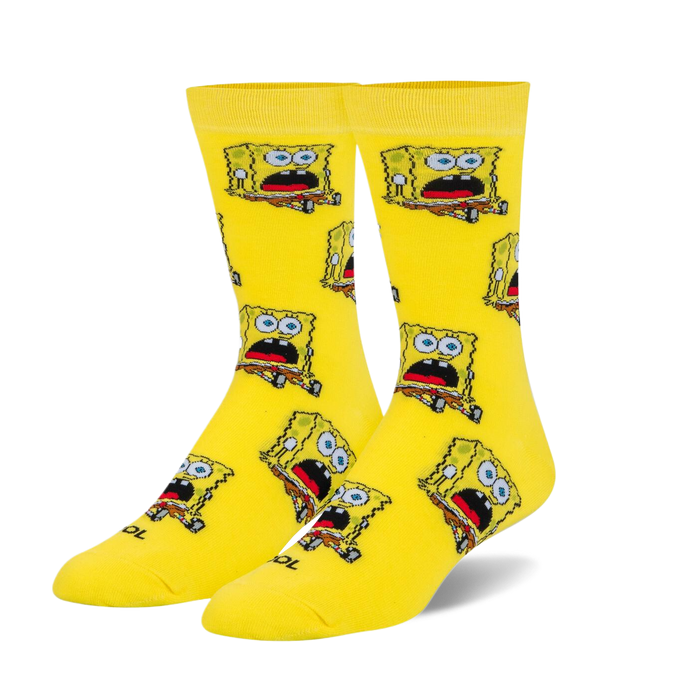 A pair of bright yellow crew socks with a repeating pattern of shocked Spongebob Squarepants.  }}