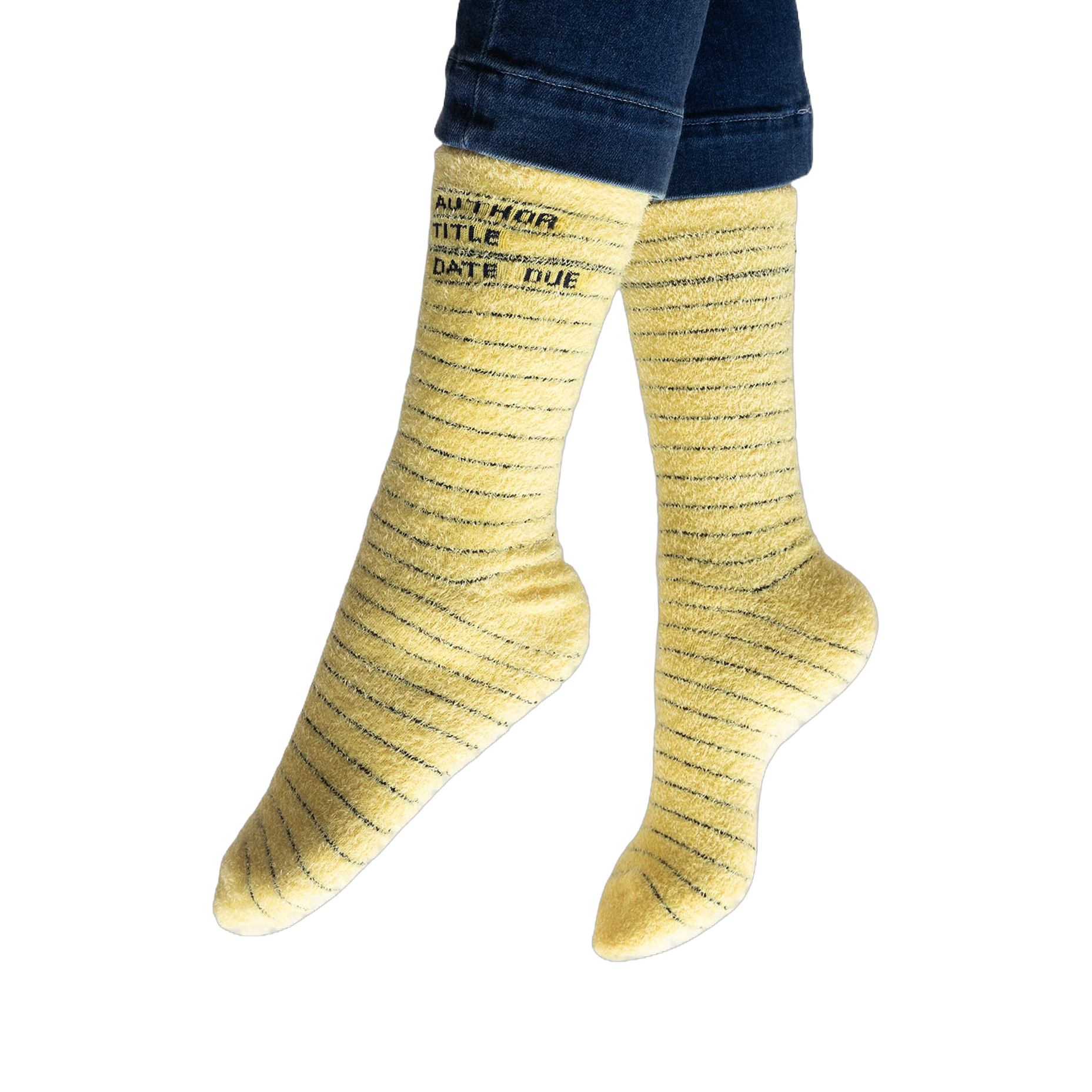 Lifestyle photo showing the yellow library card socks on a person's feet, jeans visible at the ankles.