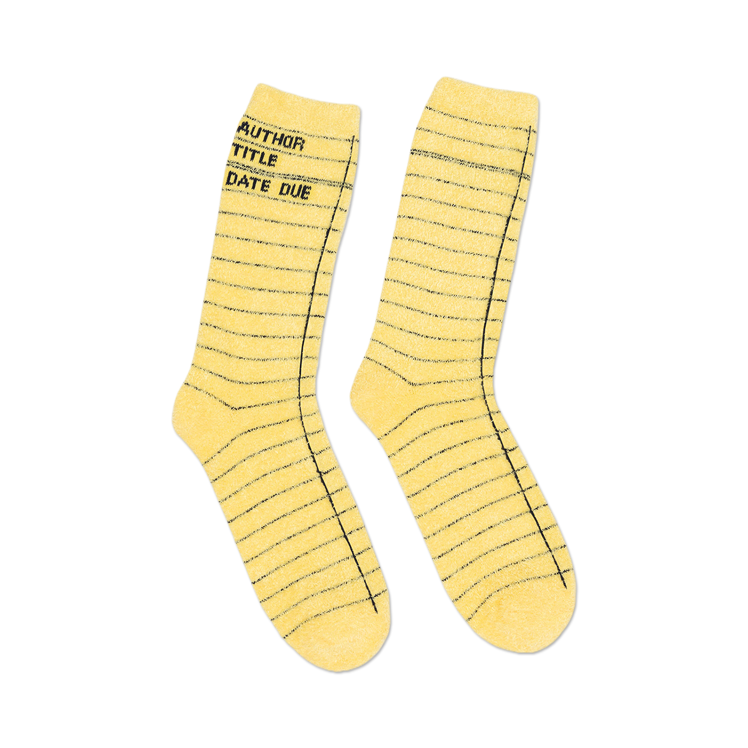 Close-up detail shot of the yellow library card socks, highlighting the texture and design.