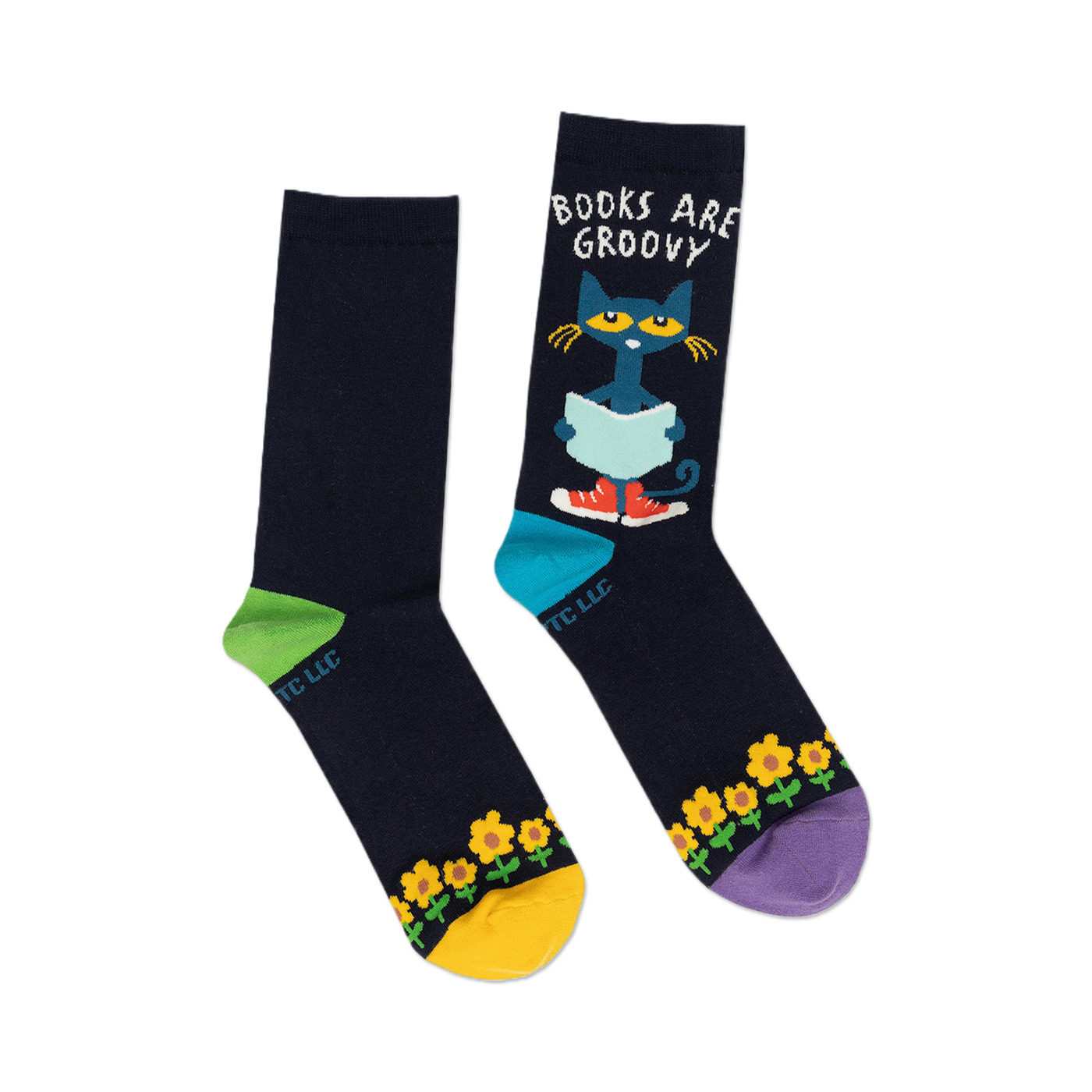 Pair of navy blue crew socks with Pete the Cat reading a book, yellow sunflowers, and colorful accents. 