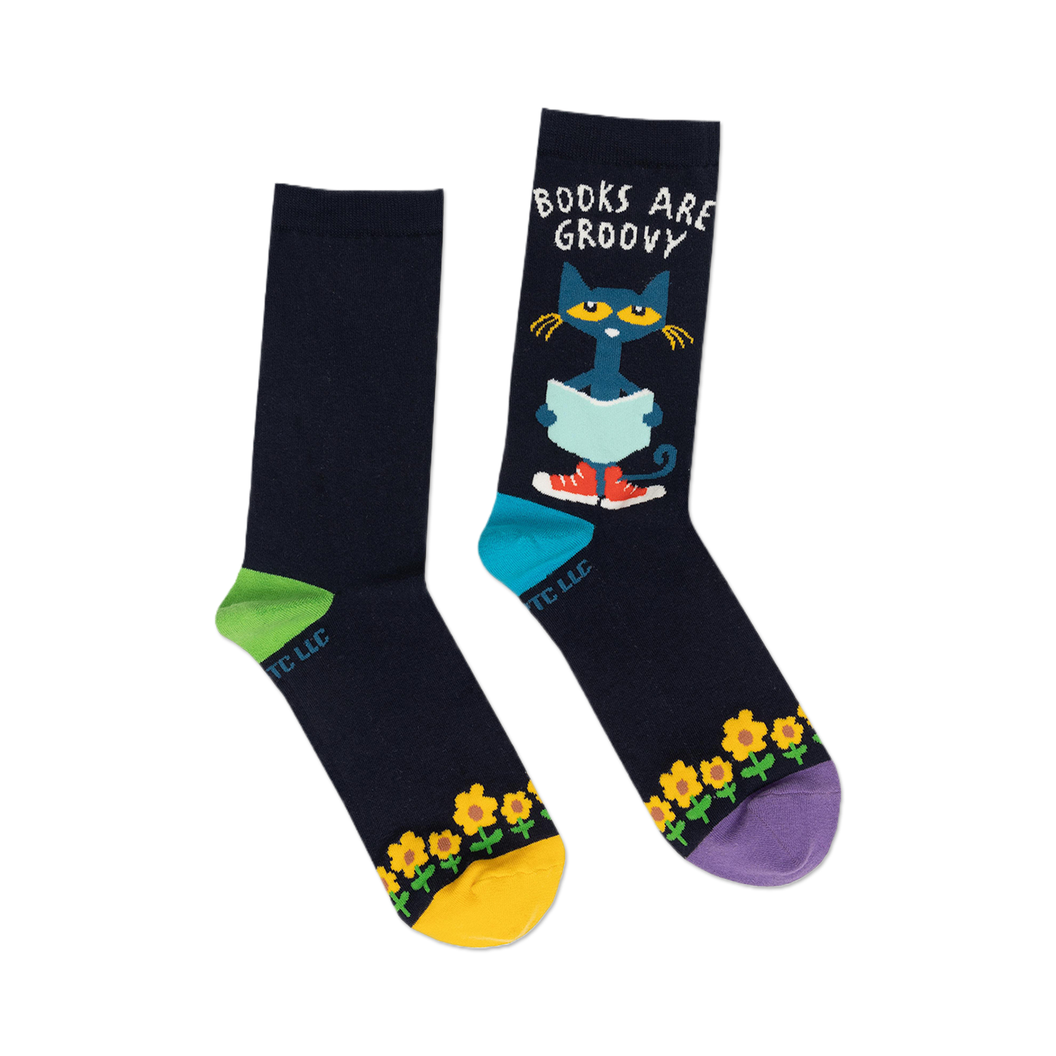 Close-up of Pete the Cat socks showcasing design details: Pete the Cat illustration and sunflower accents.