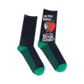 Pair of crew socks; navy blue with teal stripes and a Richard Scarry design of an apple car with the text 'On My Way to the Bookstore'.
